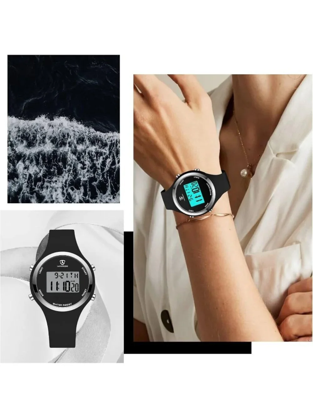 Women All Black Quartz Chronograph Waterproof Outdoor Sport Alarm Digital Watch